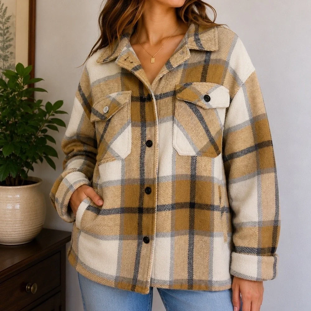 Workshop Plaid Shacket Jacket M Oversized Snap Front Cozy Fall Cabincore Coat